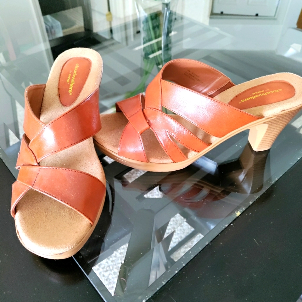 Brown Leather Mules with Chunky Wooden Heel (Wide Width)